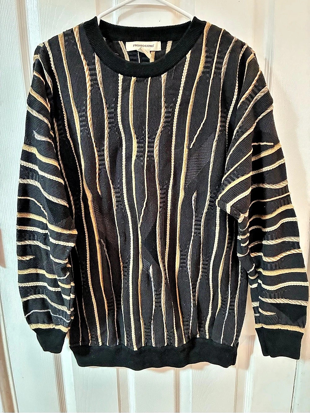 Vintage Pronto Uomo Textured Stripe 3D Knit Crewneck Sweater Mens M 100% Cotton